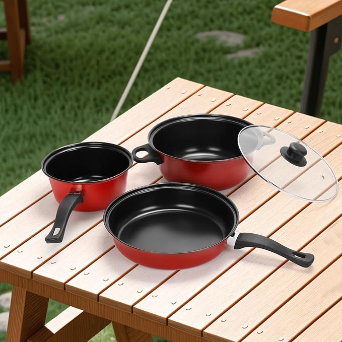 Non-Stick Cookware Set, Portable Lightweight Cast Iron Pots and Pans with Glass Lids and Nylon Utensils 4 Piece Set for Outdoor Camping Picnic Travel