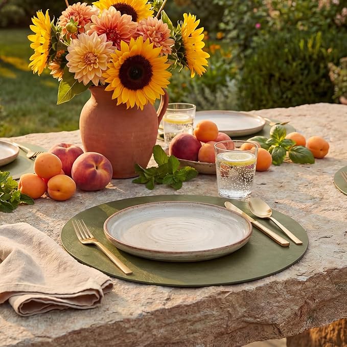 Artoid Mode Olive Green Faux Leather Placemats Set of 4, 15 Inch Waterproof Wipeable Heat Resistant Place Mats, Reversible Table Mats for Kitchen Dining Decor
