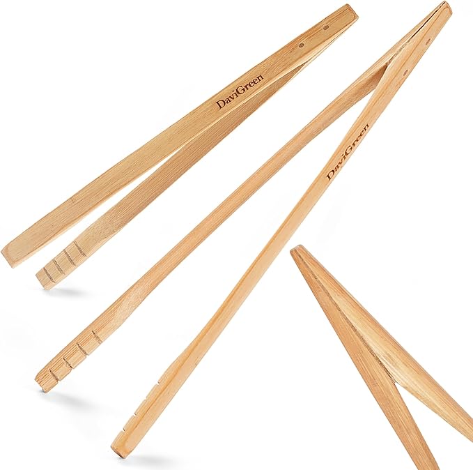 Bamboo Tongs Set of 2, 10 Inch ??Natural Wooden Kitchen Tongs for Cooking, BBQ, Salad, Toast & Nonstick Cookware