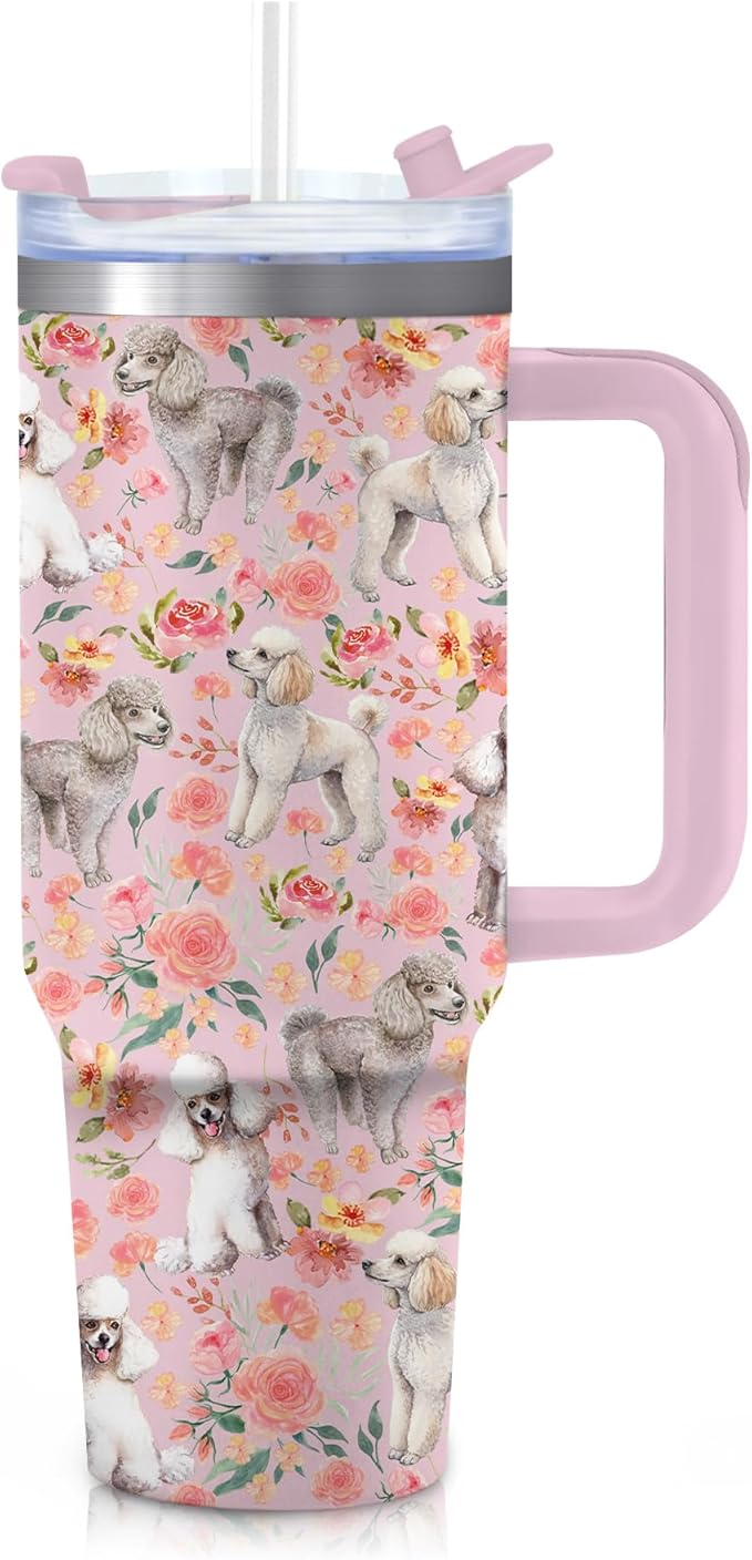 Yogusut Poodle Gifts for Women, 40oz Stainless Steel Insulated Tumbler Travel Mug Cup with Handle Straw, Gifts for Dog Mom Dog Lover