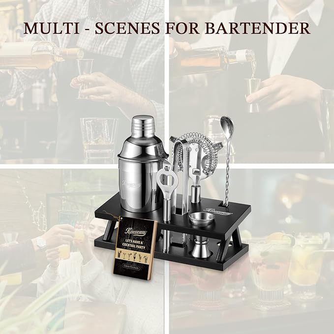KITESSENSU Cocktail Shaker Set Bartender Kit, 6-Piece Silver Bar Set with Stand, Gold