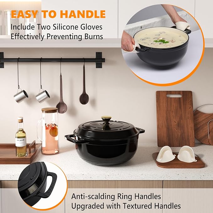 ROVSUN Enameled Cast Iron Round Dutch Oven, 6QT Pot with Lid &Dual Handles with Silicone Gloves,Oven Safe up to 500째F, Heavy-Duty Pre-Seasoned Cookware for Bread Baking, Braising, Stews, Roasting, Black