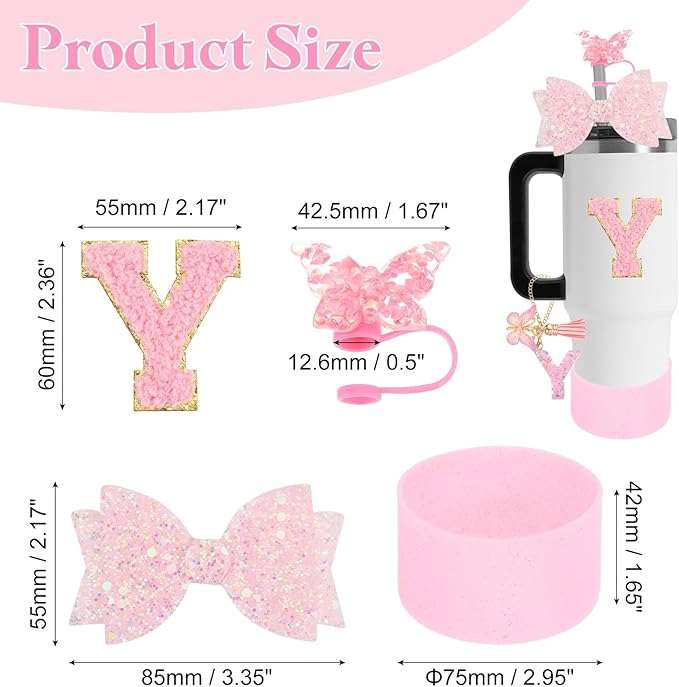 uxcell 8Pcs Cup Accessories Set for Cup Tumbler with Handle, Including Silicone Straw Cover, Boot, Spill Proof Stopper, Handle Charm, Initials Sticker(Letter Y, Pink)