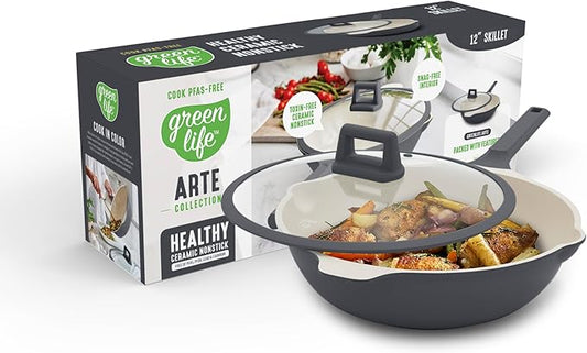 GreenLife Nonstick 12??(5QT) All in One Deep Skillet Wok with Lid, PFAS-Free Non-Toxic Ceramic Multi-Purpose Pan, Induction, All Stovetop, Egg, Stir Fry, Saute, Stay Cool Handle, Graphite