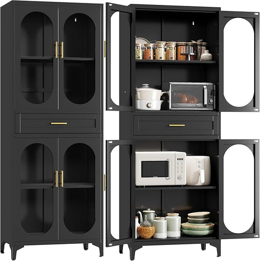 75" Tall Kitchen Pantry Cabinet,Metal Storage Cabinets with 4 Glass Doors and 1 Drawer,Freestanding Display Cupboard for Dining Room,Hallway,Black