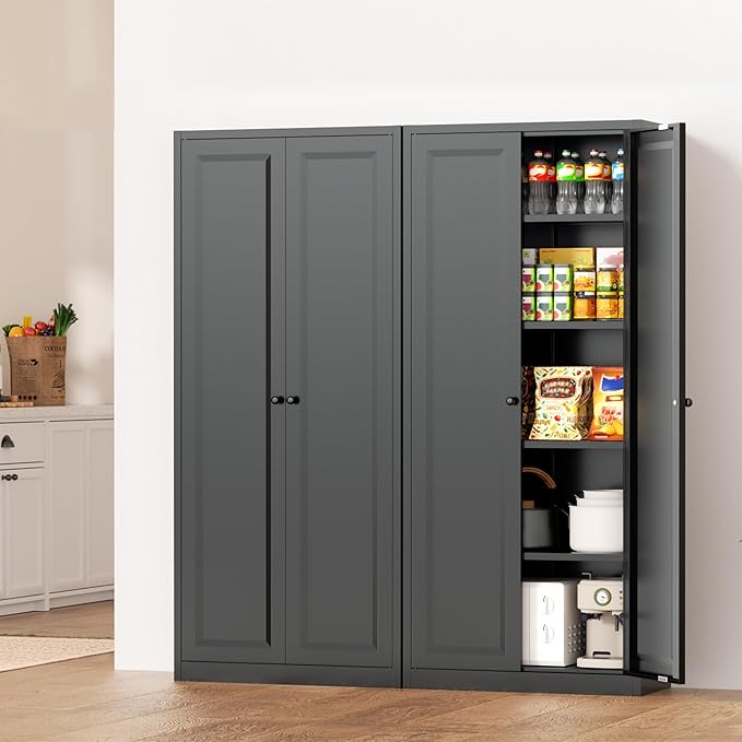 INTERGRAET Kitchen Pantry Cabinet, 63" Tall Metal Pantry Storage Cabinets with 2 Doors and 4 Shelves, Black Metal Storage Cabinet,Cupboard for Home,Kitchen,Living Room/Dining