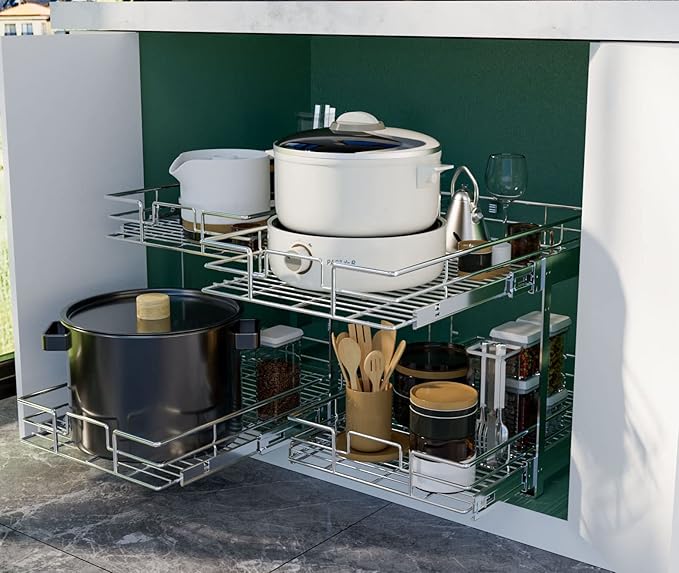LOVMOR 2 Tier Individual Pull Out Cabinet Organizer 14쩍" W x 21쩍" D, Slide Out Kitchen Cabinet Storage Sliding Shelves