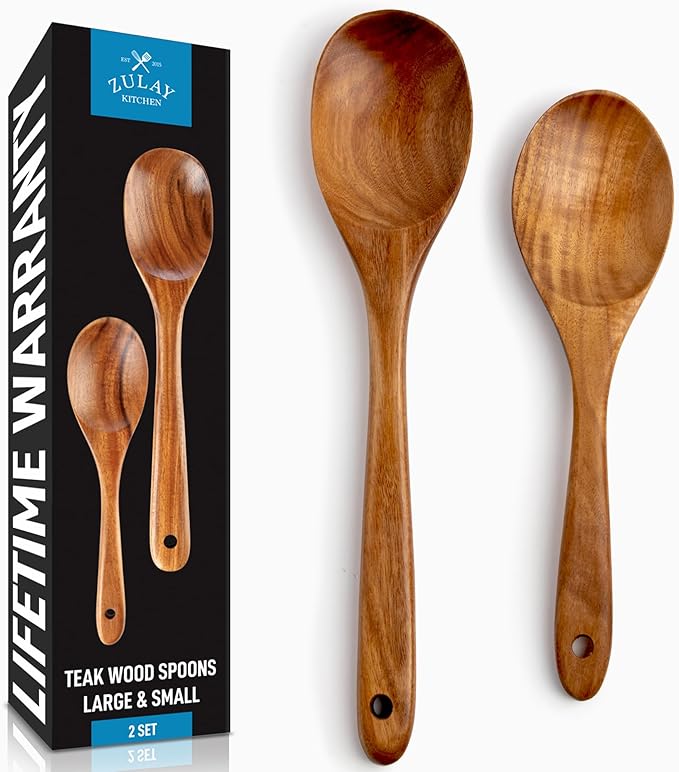 Zulay Kitchen Teak Wood Utensil Set ??2 Piece Large and Small Wooden Cooking Spoons, Handcrafted Natural Teak Wood Kitchen Utensils, Durable, Nonstick Safe & Smooth Finish