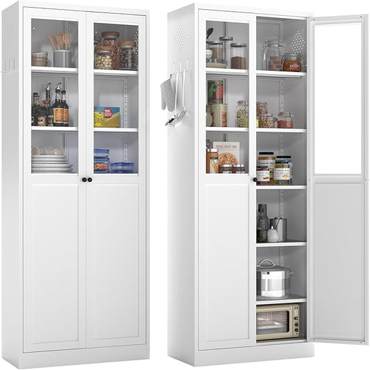 72 Inch Tall Metal Pantry Cabinet, Kitchen Pantry Storage Cabinets with Adjustable Shelves, Metal and Glass Pantry Cabinet for Kitchen Dining Room Living Room Bathroom, White