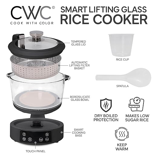 COOK WITH COLOR 3L Glass Mini Low Carb Rice Cooker ??Holds 2 Cups Raw/Makes 6 Cups Cooked with Auto Lift Filter Basket, Hotpot & Steamer for Rice, Grains, Digital Panel with Keep Warm, Black