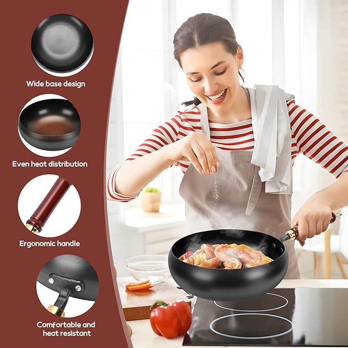 Gugxiom Suntuup Japanese Iron Pan, 28cm Cast Iron Wok, with Spatula, 2 Covers to Choose From, for Pots On Electric Stoves/Induction Cookers/Gas Stoves (Wooden lid)