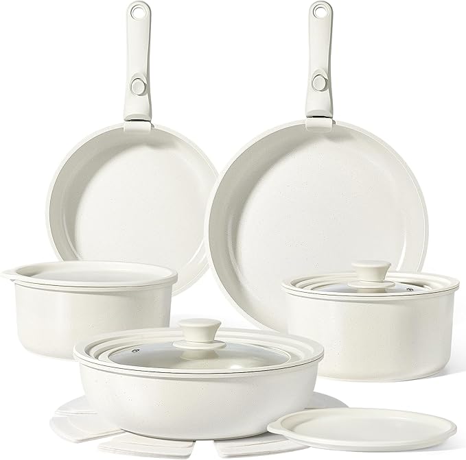GiPP Ceramic Pots and Pans Set Non Stick, Nonstick Detachable Handle Cookware Sets, Healthy Non Toxic PFAS PFOA & PTFE Free, Dishwasher 竊냀ven Safe, Induction Kitchen Pot and Pan, 15 Piece Cream