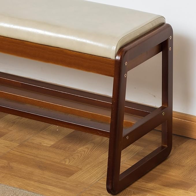 SOBIBO Solid Wood Shoe Bench, 2-Tier Entryway Bench with Cushion and Flip-Open Storage Box, Mid-Century Modern Shoe Bench Rack for Hallway, Mudroom(Gray, 39.4'')