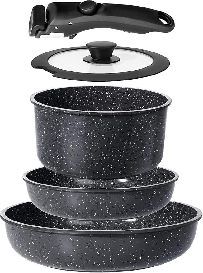 GiPP Ceramic Pots and Pans Set Non Stick, Nonstick Detachable Handle Cookware Sets, Non Toxic Induction Kitchen Pot and Pan with Removable Handle, Healthy RV Cookware, Dishwasher 竊냀ven Safe, 5 Piece