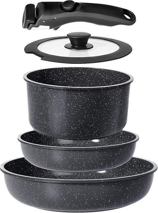 GiPP Ceramic Pots and Pans Set Non Stick, Nonstick Detachable Handle Cookware Sets, Non Toxic Induction Kitchen Pot and Pan with Removable Handle, Healthy RV Cookware, Dishwasher 竊냀ven Safe, 5 Piece