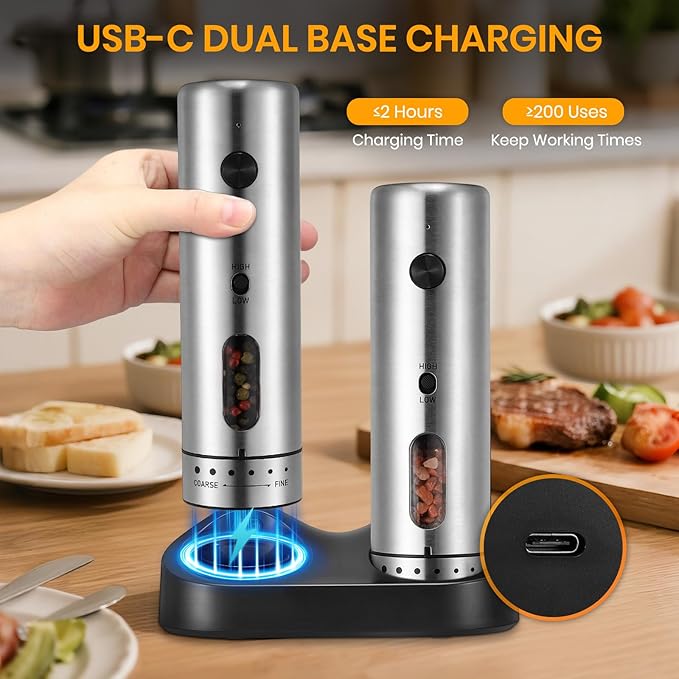 Electric Salt Grinder Set with Rechargeable Base Stainless Steel Grinders with Variable Grinding Speed, External Adjustable Coarseness and White LED Light, Silver