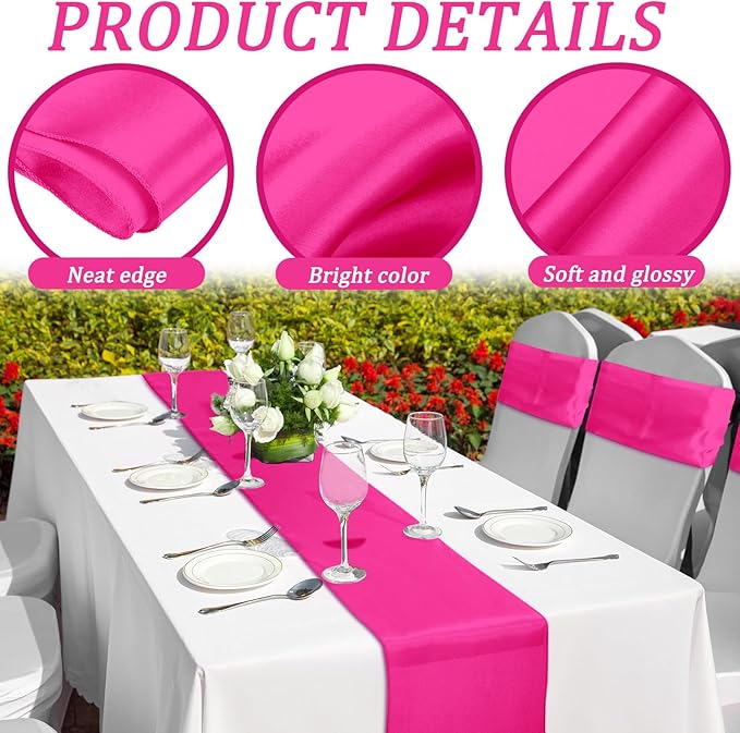 Bencailor 24 Pcs Hot Pink Satin Table Runner Bulk 12 x 108 Inches Long Table Runners Bright Smooth Fabric Tablecloth for Wedding Banquet Birthday Valentines St Patrick's Day Party Decorations