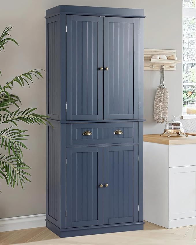 72" Kitchen Pantry Storage Cabinet, Freestanding Cupboard with 2 Cabinets, Drawer and Adjustable Shelves, Tall Storage Cabinet for Kitchen, Dinning Room, Living Room (Dusty Blue)