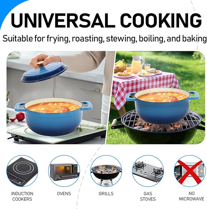 Dutch Oven Pot with Lid, 5 Quart Enameled Cast Iron Dutch Oven, Dual Handles, Kitchen Pots Oven Safe up to 500째F, Stovetop Compatible, Marinate, Cook, Bread Baking, Refrigerate & Serve, Blue