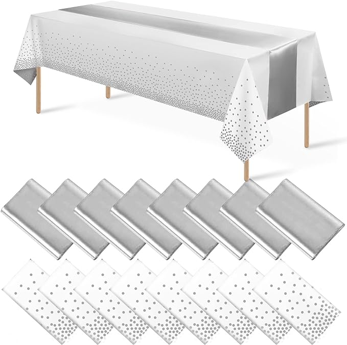 MASHAN 16Pack Disposable Plastic Tablecloths and Satin Table Runner Set White and Silver Dot Tablecloth Silver Satin Table Runner for Wedding Birthday Baby Shower Christmas New Year Party Decorations