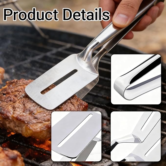 Stainless Steel Grill Clamp, 10 Inch Steak Clamps Anti-Scald Extended Handle Spatula Tongs Versatile Kitchen Tongs Food Flipping Tool for Bread Hamburger BBQ Meats Pizza Pies Bread Fish (3)