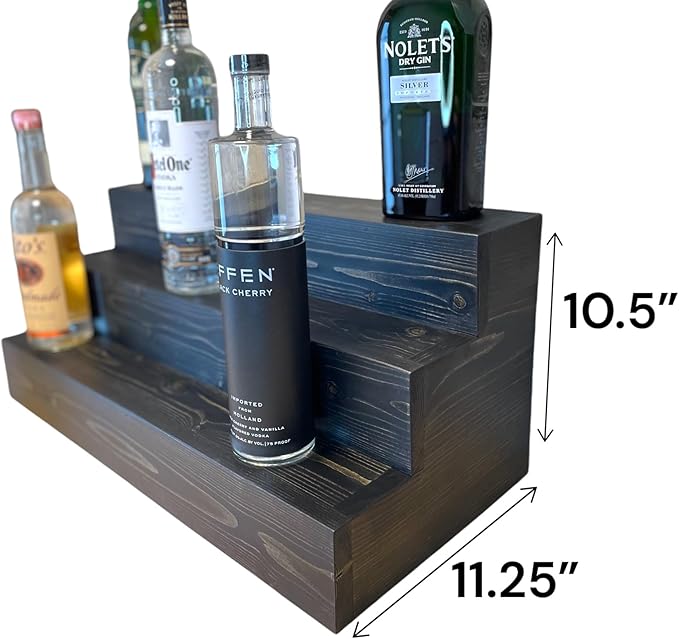 Handmade Tiered Display Shelving - Three Tier Bar Display - Bar Organizer - Liquor Bottle Display (30" with Back, Black)