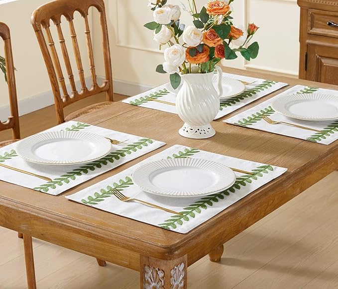 Wracra Embroidered Placemats, 13 x 18 Inch Set of 4 Placemats, Irregular Willow Rustic Place Mats for Kitchen Table and Heat Resistant, Green 4PCS
