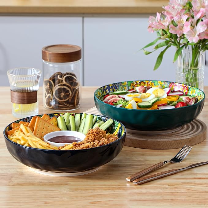 vancasso Large Serving Bowls, 78 Oz Extra Large Salad Bowls Set of 2, Bohemian Decorative Bowls for Salad, Fruit, Pasta and Dinner, Serving Dishes Set for Party, Dishwasher & Microwave Safe竊뛉reen