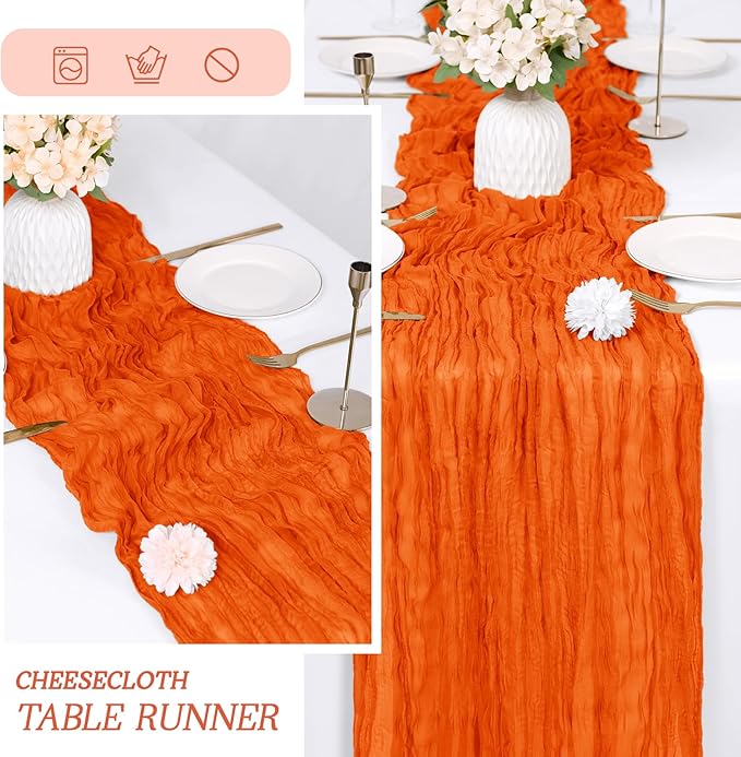 RealBox 3 Pack Orange Cheesecloth Table Runner 17x108 Inch Semi Sheer Boho Gauze Cheese Cloth Fabric Table Runners Table Decor for Wedding Party Baby Shower Birthday Home Decor Garden Farmhouse