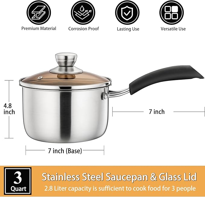 P&P CHEF 3 Quart Saucepan Small Pot, Stainless Steel Saucepan with Lid, Small Sauce Pan for Home Kitchen Restaurant Cooking, Visible Glass lid & Bakelite Heat-Proof Handles,Dishwasher Safe, 1 Pc