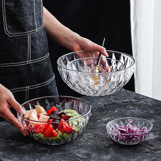 Le'raze Glass Diamond Design Bowl - Decorative Centerpiece for Kitchen & Home Decor, Great for Dining, Living Room, Serving, Salad, Pasta, Candy, Fruit