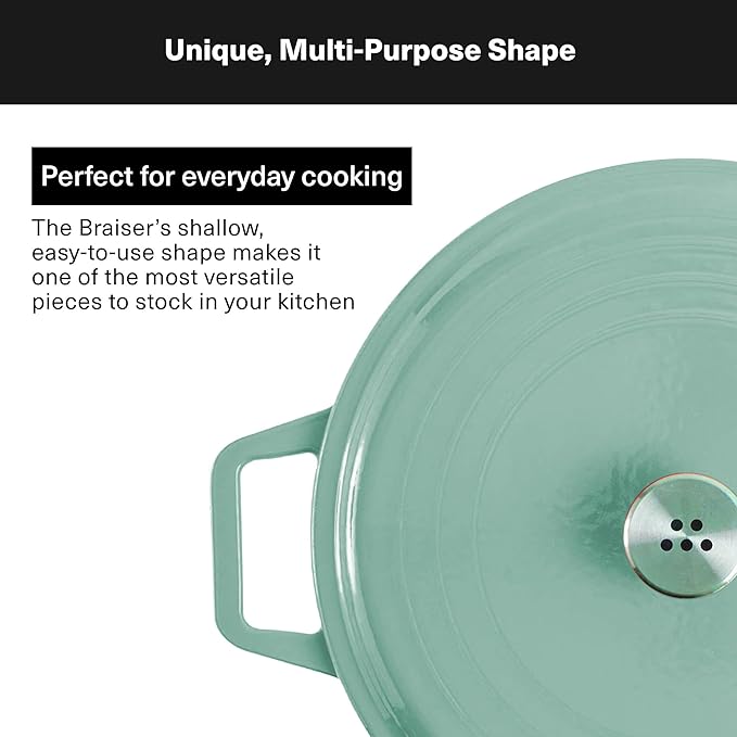 Misen 5.5 QT Braiser ??Enameled Cast Iron Pan for Searing, Braising & Slow Cooking ??No-Chip Enamel Coating ??Extra-Wide Handles ??Superior Heat Retention & Even Cooking - Green