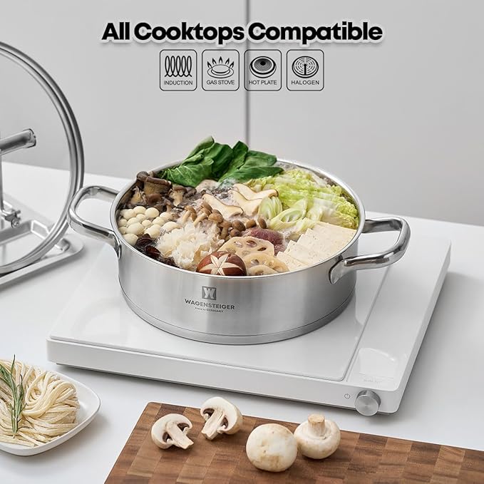 4.3 Quart Casserole Pot/Dutch Oven/Saute Pan, 3-Ply Stainless Steel with Aluminum Core, Tempered Glass Lid, Ergonomic Handles, All Cooktops Compatible (9.84" Diameter Casserole)