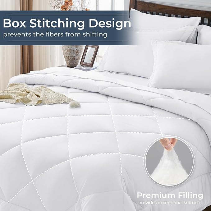 HEVUMYI King Comforter Set - 7-Piece All Season Bed in a Bag King, Ultra Soft Bedding Set with Comforter, Flat Sheet, Fitted Sheet, Pillowcases, Pillow Shams, White