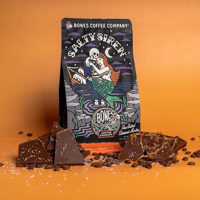 Bones Coffee Company Salty Siren, Sea Salted Caramel Chocolate Flavored Coffee, Medium Roast Low Acid Arabica Beans Compatible with Auto drip and French Press Coffee Maker, 12 Oz Whole Bean
