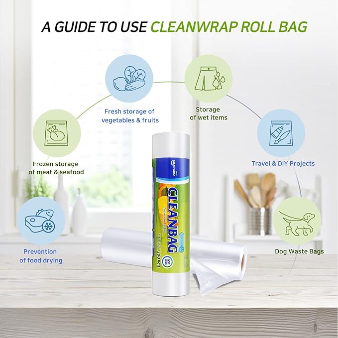 CLEANWRAP Food Storage Roll Bags (9.84 * 13.78-200 PCS) + Zipper Bag (Mix 225 Bags) | Food Plastic Bags, Mini Plastic Bags, Plastic Bread Bags, Roll Plastic Bags, Plastic Produce Bag