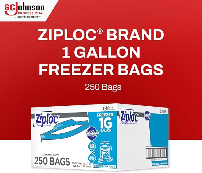 SC Johnson Professional Ziploc Brand Food Storage Freezer Bags, 1 Gallon Freezer Bags, Ziploc Brand Bags, Commercial Pack, 250 Count Box, for Professional Use Only