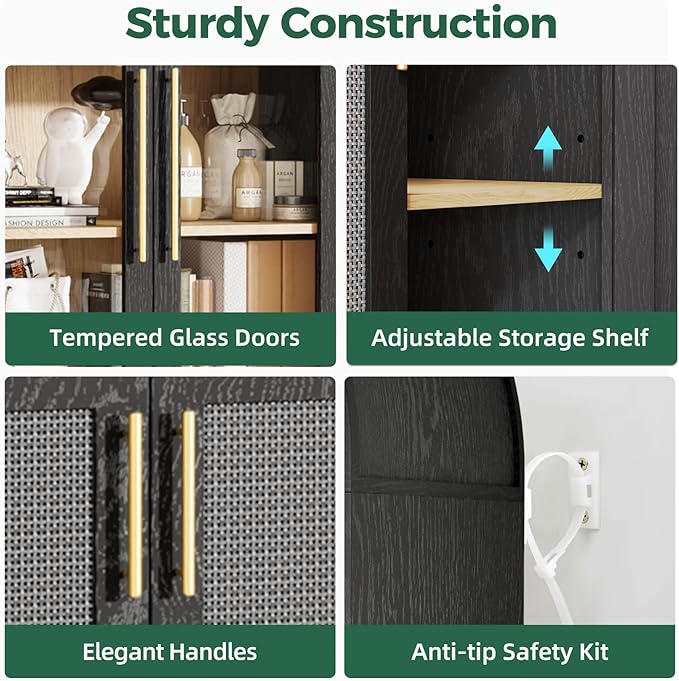 63??Arched Kitchen Pantry Cabinet ??5-Tier Modern Farmhouse Storage Cabinet w/Glass & Fluted Doors, Adjustable Shelves for Kitchen, Living Room, Entry, Office, Engineered Wood, Black