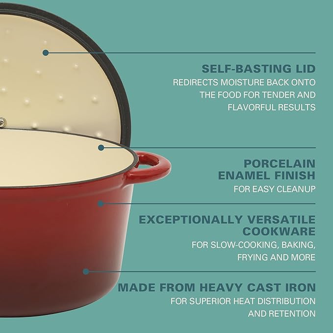 Gibson Home Addlestone 7 Qt Enameled Cast Iron Dutch Oven Pot with Lid ??Round, Oven Safe to 500째F, Ideal for Bread Baking & Stews - Gradient Red