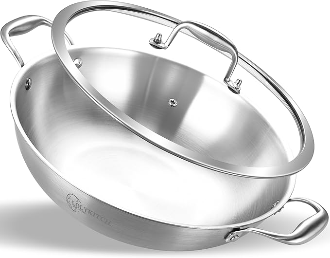 LOLYKITCH 13 Inch Tri-Ply Stainless Steel Wok Pan with Lid,5.5 Qt Induction Cooking Pot,Dishwasher and Oven Safe