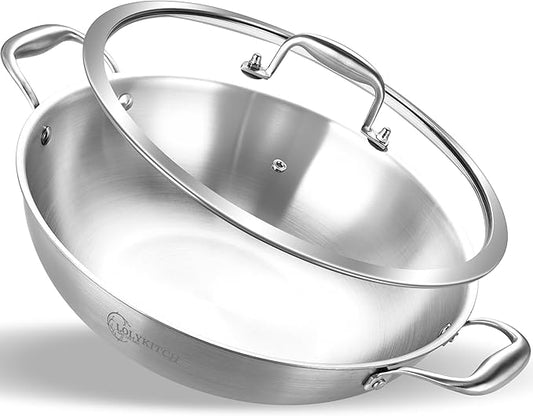 LOLYKITCH 13 Inch Tri-Ply Stainless Steel Wok Pan with Lid,5.5 Qt Induction Cooking Pot,Dishwasher and Oven Safe