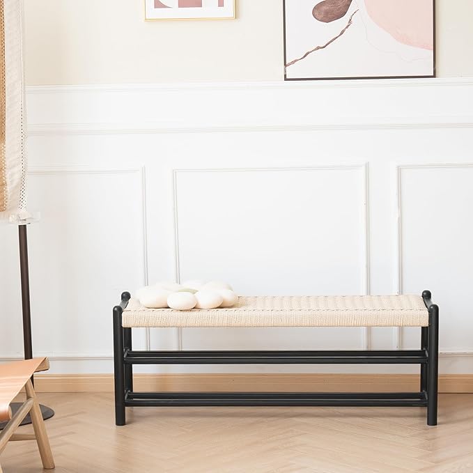 XINNAN Solid Wood Entryway Bench with Shoe Storage, Rustic Oak Wood and Woven Design 39.4 Inch Long Seating for Living and Dining Rooms, 3-Tier Black