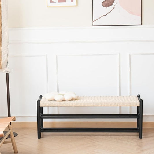 XINNAN Solid Wood Entryway Bench with Shoe Storage, Rustic Oak Wood and Woven Design 39.4 Inch Long Seating for Living and Dining Rooms, 3-Tier Black