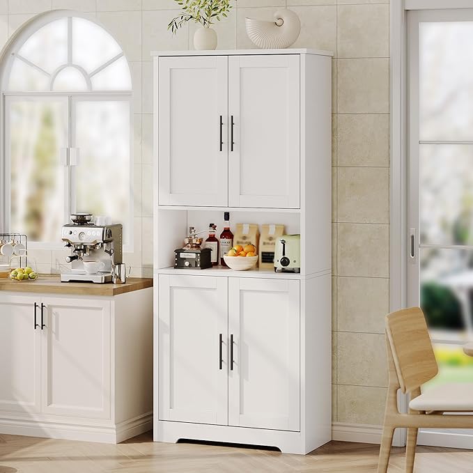 70" Tall White Pantry Cabinet with Doors, Freestanding Storage Cabinet with Adjustable Shelves for Kitchen, Dining Room, Bathroom, Living Room,White