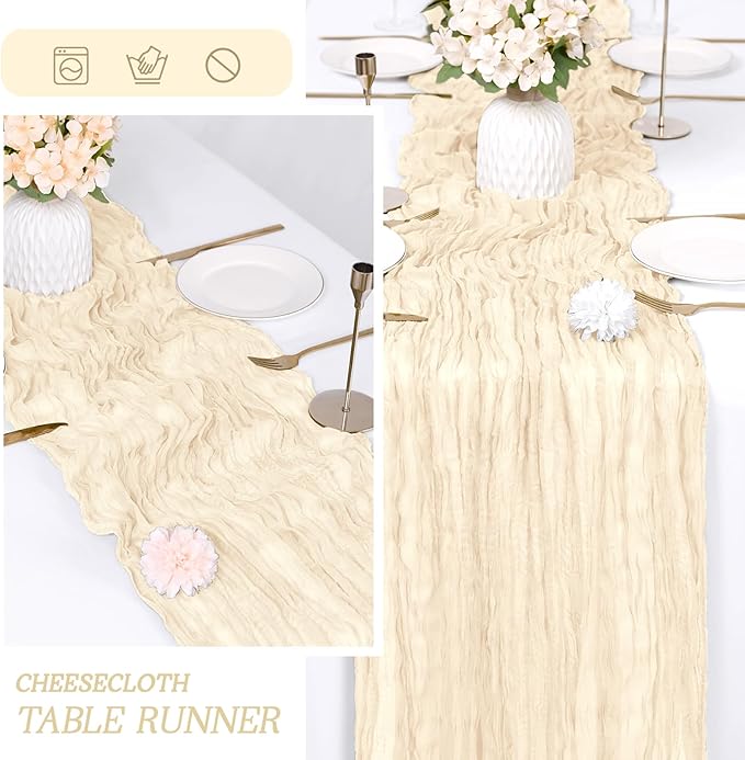RealBox 6 Pack Ivory Cheesecloth Table Runner 17x108 Inch Semi Sheer Boho Gauze Cheese Cloth Fabric Table Runners Table Decor for Wedding Party Baby Shower Birthday Home Decor Garden Farmhouse