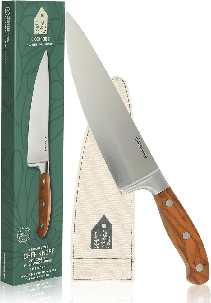 Bloomhouse - Two Time Oprah's Favorite Things Winner - 8-Inch Chef Knife ??German Stainless Steel Blade with Forged Italian Olive Wood Handle, Full Tang Kitchen Knife for Slicing, Dicing & Chopping