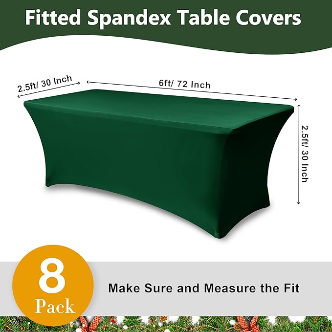 Enjoyidea Table Cover for 6 Foot Rectangle Tables-8 Pack Hunter Green Fitted Stretch Tablecloth-Spandex 6ft Christmas Tablecloth for Party, Vendor Booth Display, Banquet Buffet Event, Craft Trade Show
