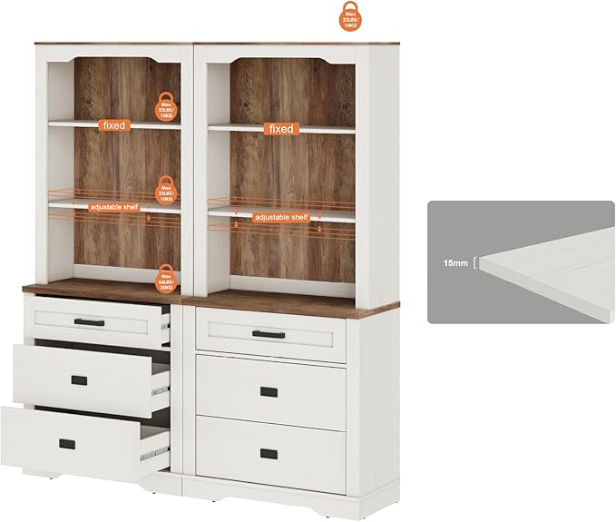 WAMPAT 2 Column 3 Tier Pantry Cabinet with Drawer,73.3" Tall Floor Standing Cupboard,Modern Farmhouse Display Kitchen Buffet with Adjustable Shelves for Dining Room,Living Room,Rustic White