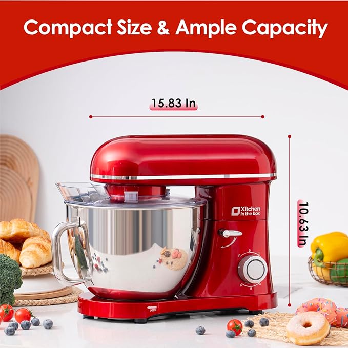 Kitchen in the box Stand Mixer - 8.5 Quart Electric Kitchen Standing Mixer 900 Watt for Heavy Bread Dough,Baking,Cake,Cream & Batters,Tilt Head Design (Red)