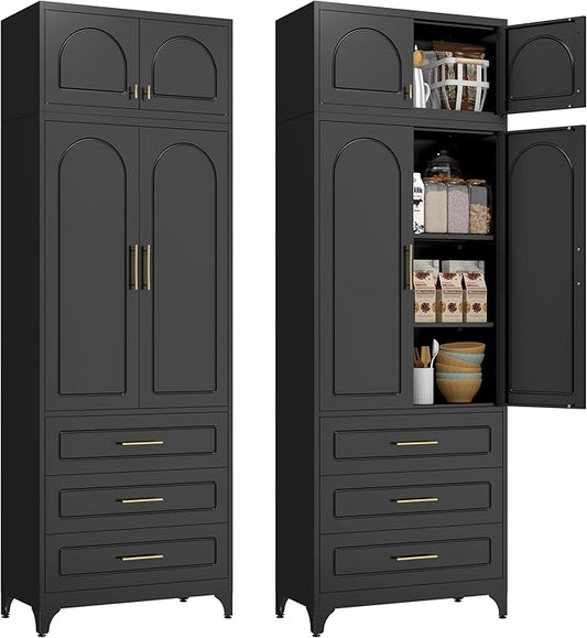 Kitchen Pantry Cabinet with 3 Drawers, 90" Tall Metal Storage Cabinets with Doors and Shelves, Food Cupboards for Dining, Living Room, 16" D x 32" W x 90" H, Black, Assembly Required